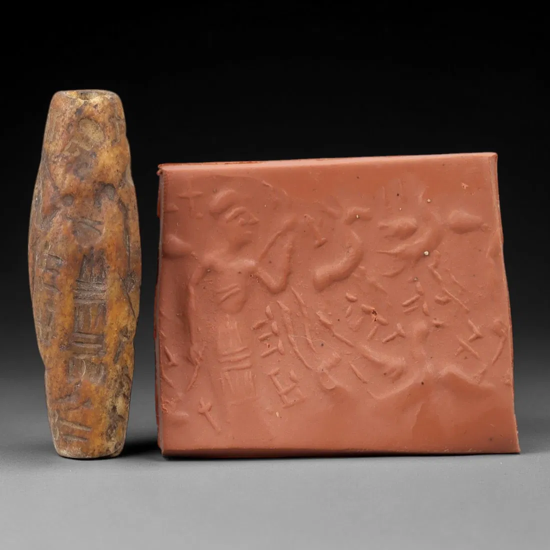 Ancient Steatite Cylinder Seal - Mesopotamian Cuneiform & Figural Scene, 75AN