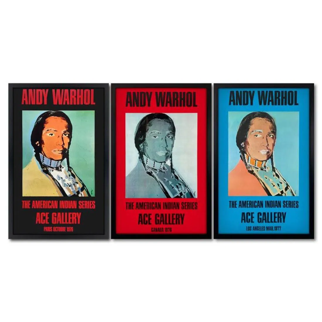 Andy Warhol (1928-1987), "The American Indian Series 3 Piece Set (Black, Red & Blue)" Framed Vintage