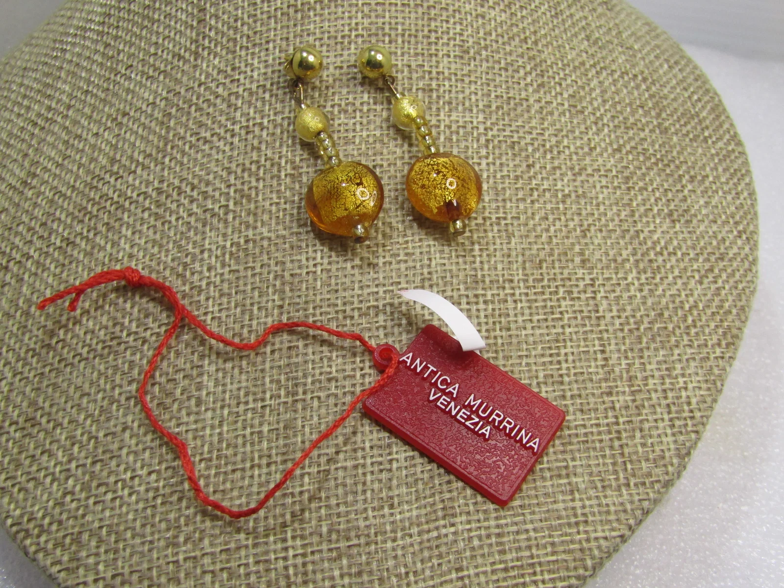 Antica Murrino Yellow Glass, Drop Earrings, Pierced, Original Tags/Insert, Box, 1990's