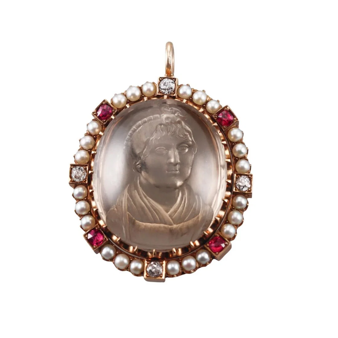 Antique 14k Gold Diamond Ruby Pearl Reverse Intaglio Pendant