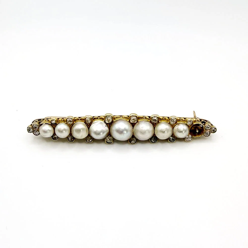 Antique 14K Gold Rose Cut Diamond Pearl Pin