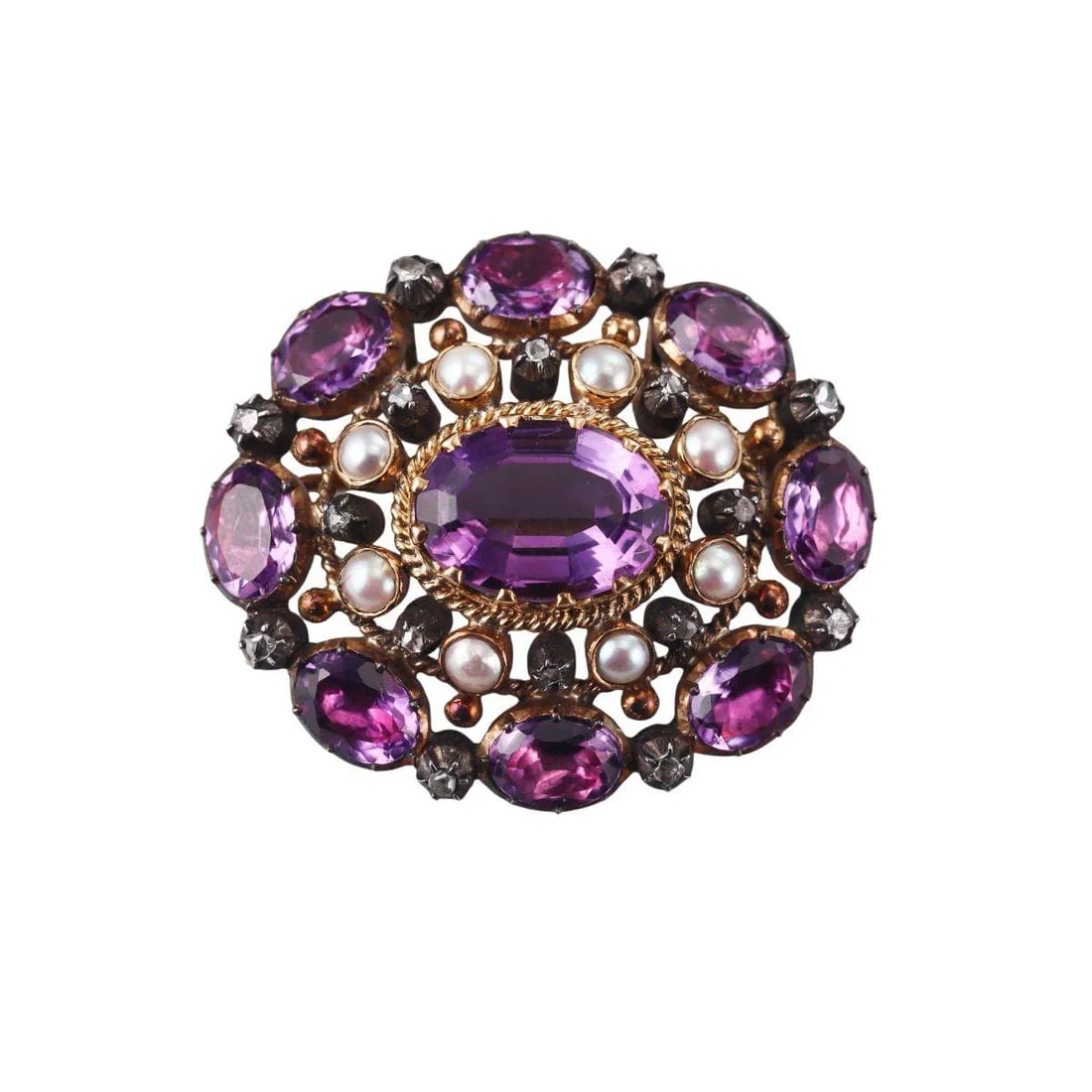 Antique 18k Gold Silver Amethyst Pearl Diamond Brooch Pendant