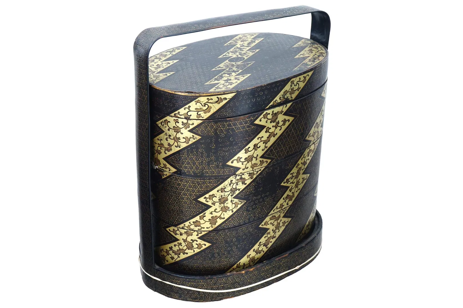 Antique 1900s Japan Meiji Bento Lacquer Wooden Box With Three Tiers, Black And Gold, Storage Hamper