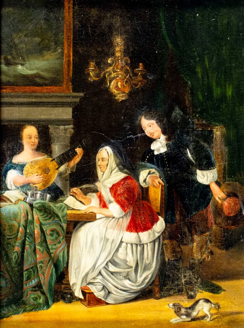 Antique 19C European oil painting AFTER Gabriel Metsu