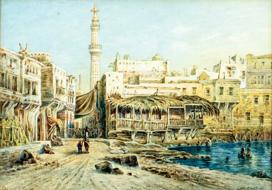 Antique 19C German watercolor painting signed