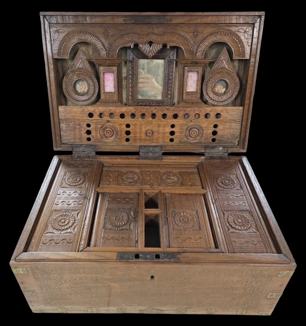 Antique 19th Cent. South-East Asian Teakwood Mandalay Box or Dowry/Wedding Chest
