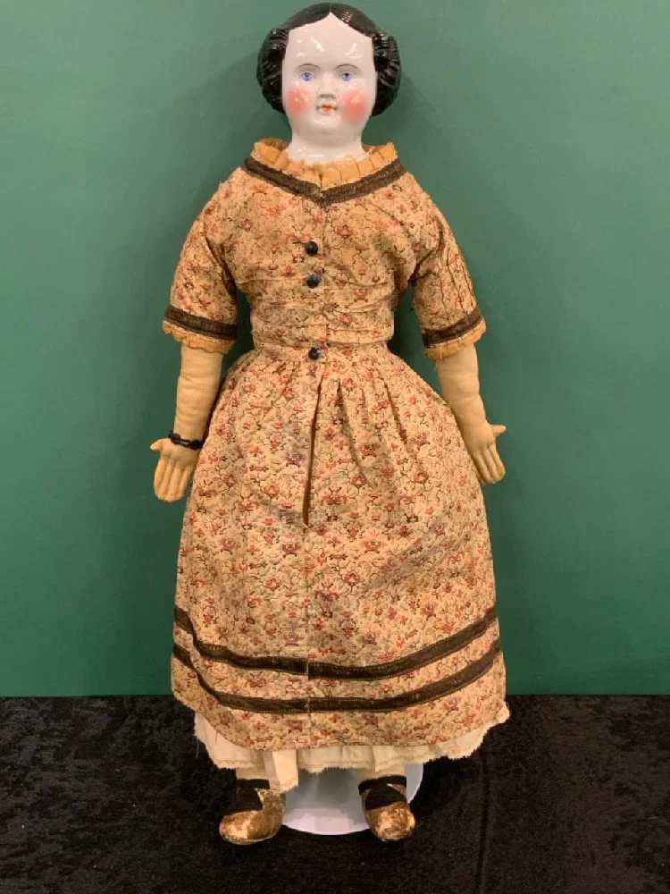 Antique 22?? German Flat Top China Head Doll w/ Cloth Arms & Legs