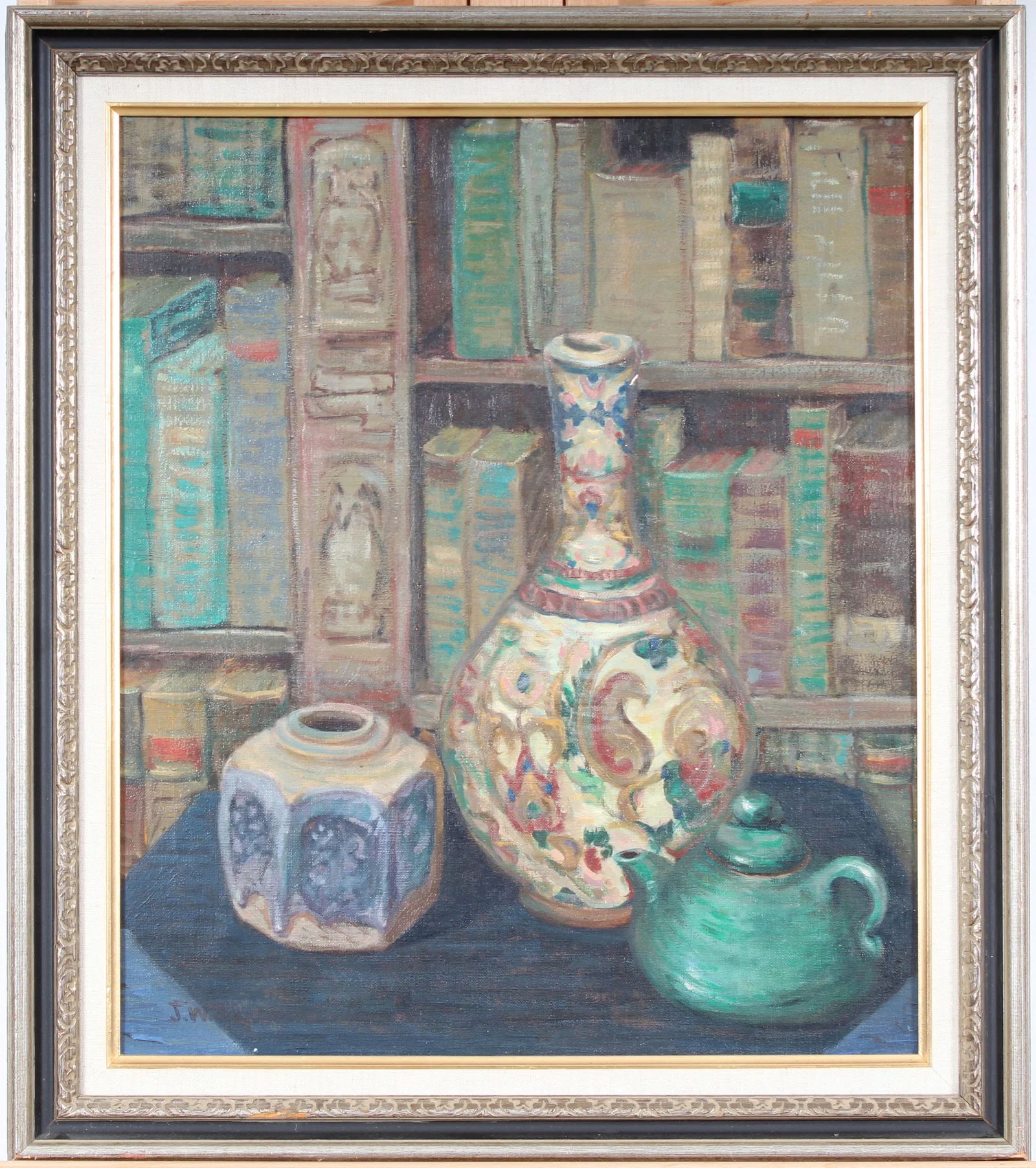 Antique American Impressionist Library Interior Flower Still Life Signed Framed Oil Painting