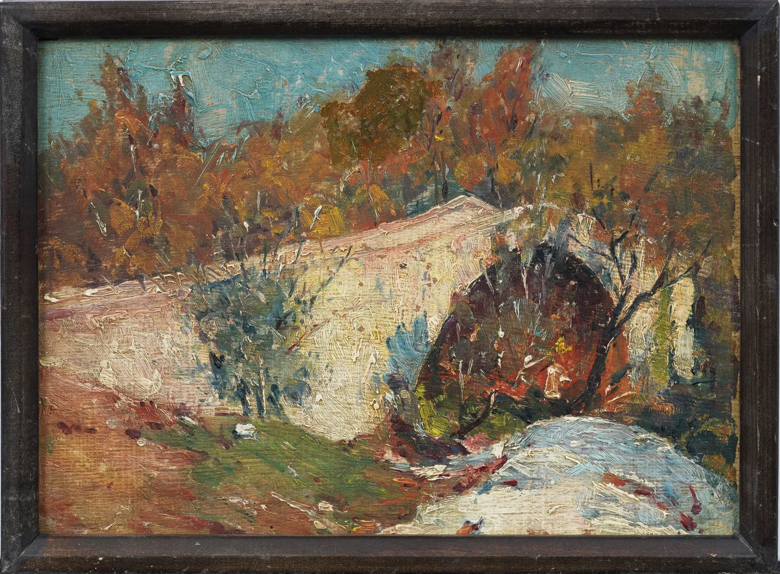 Antique American Stone Bridge Oil on Panel Autumn Landscape