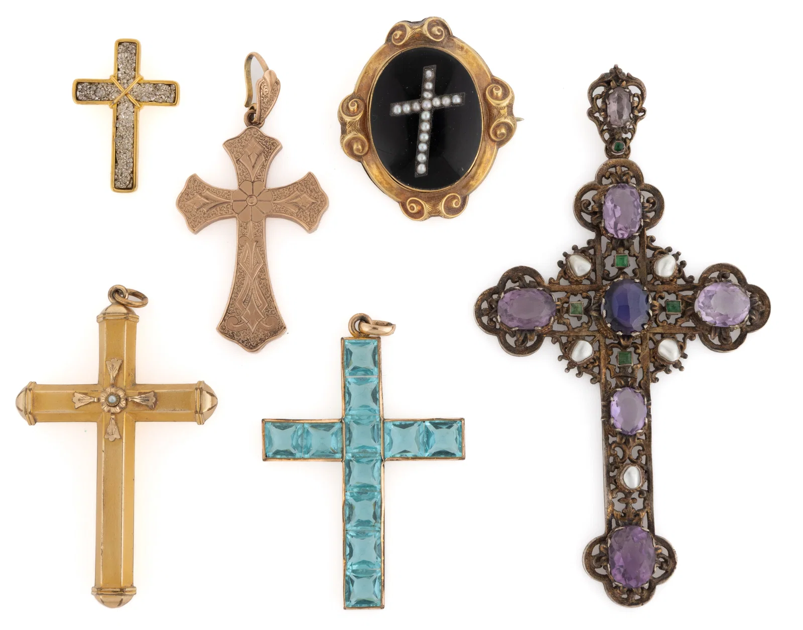 ANTIQUE AND VINTAGE GOLD-FILLED / GILT-METAL RELIGIOUS JEWELRY, LOT OF SIX