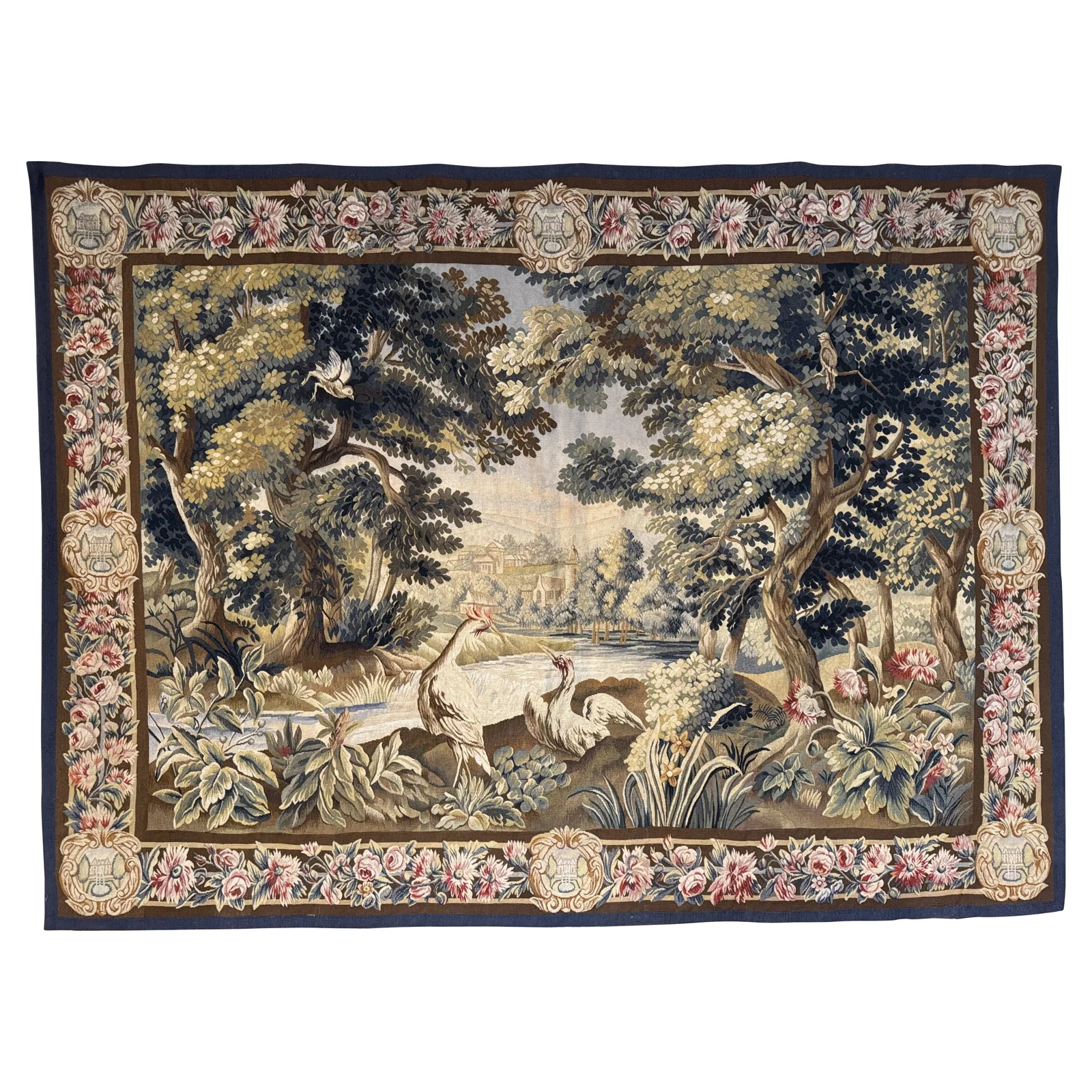 Antique Aubusson Verdure Tapestry With Birds And Floral Border France Circa 1870