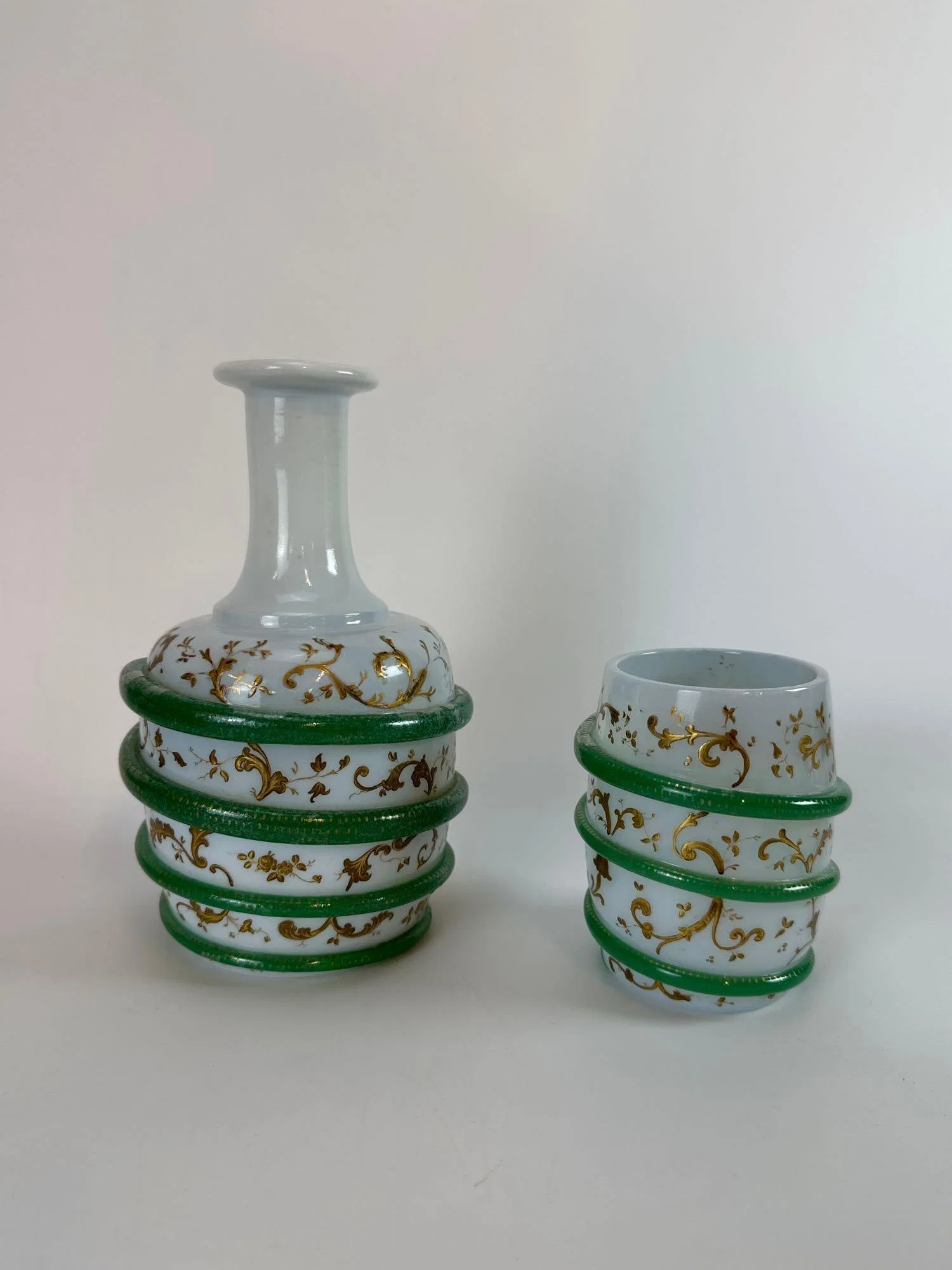ANTIQUE BOHEMIAN OPALINE AND GREEN SNAKE COIL GLASS VANITY BOTTLES
