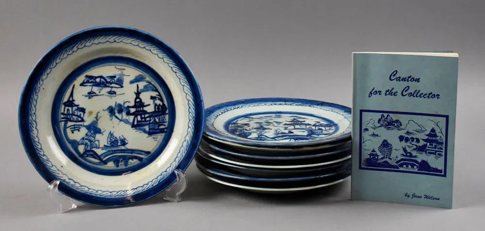 Antique Chinese Canton Blue & White Plates & Book