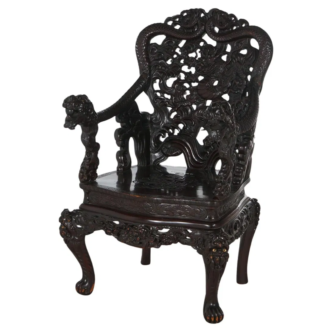 Antique Chinese Carved Rosewood Queen Chair with Dragon Motifs C1920