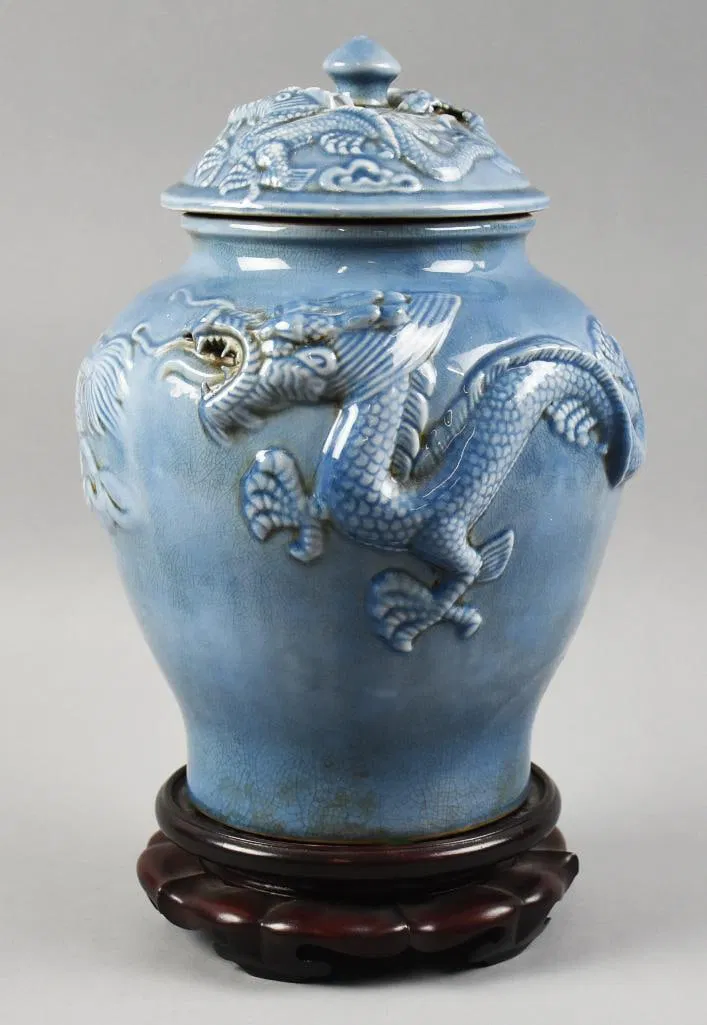 Antique Chinese Dragon Lidded Jar, Blue Crackle Glaze