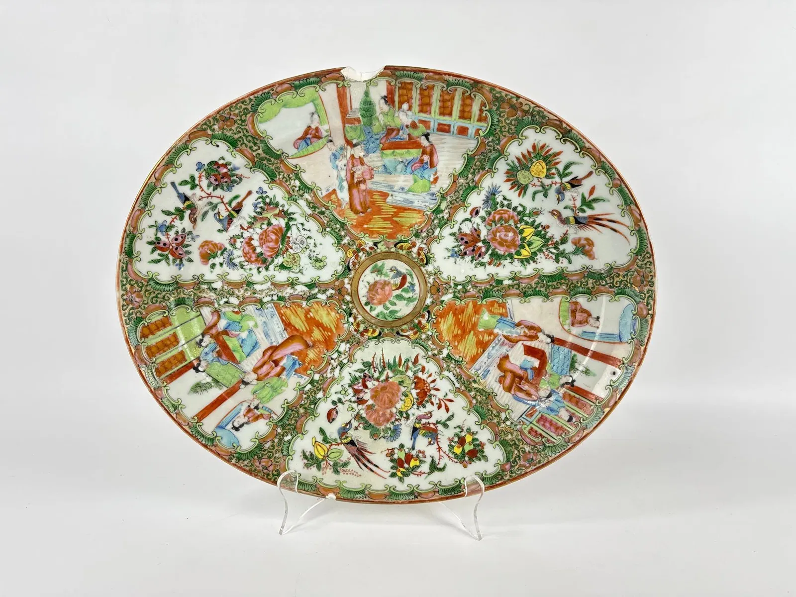ANTIQUE CHINESE EXPORT ROSE MEDALLION PORCELAIN OVAL PLATTER