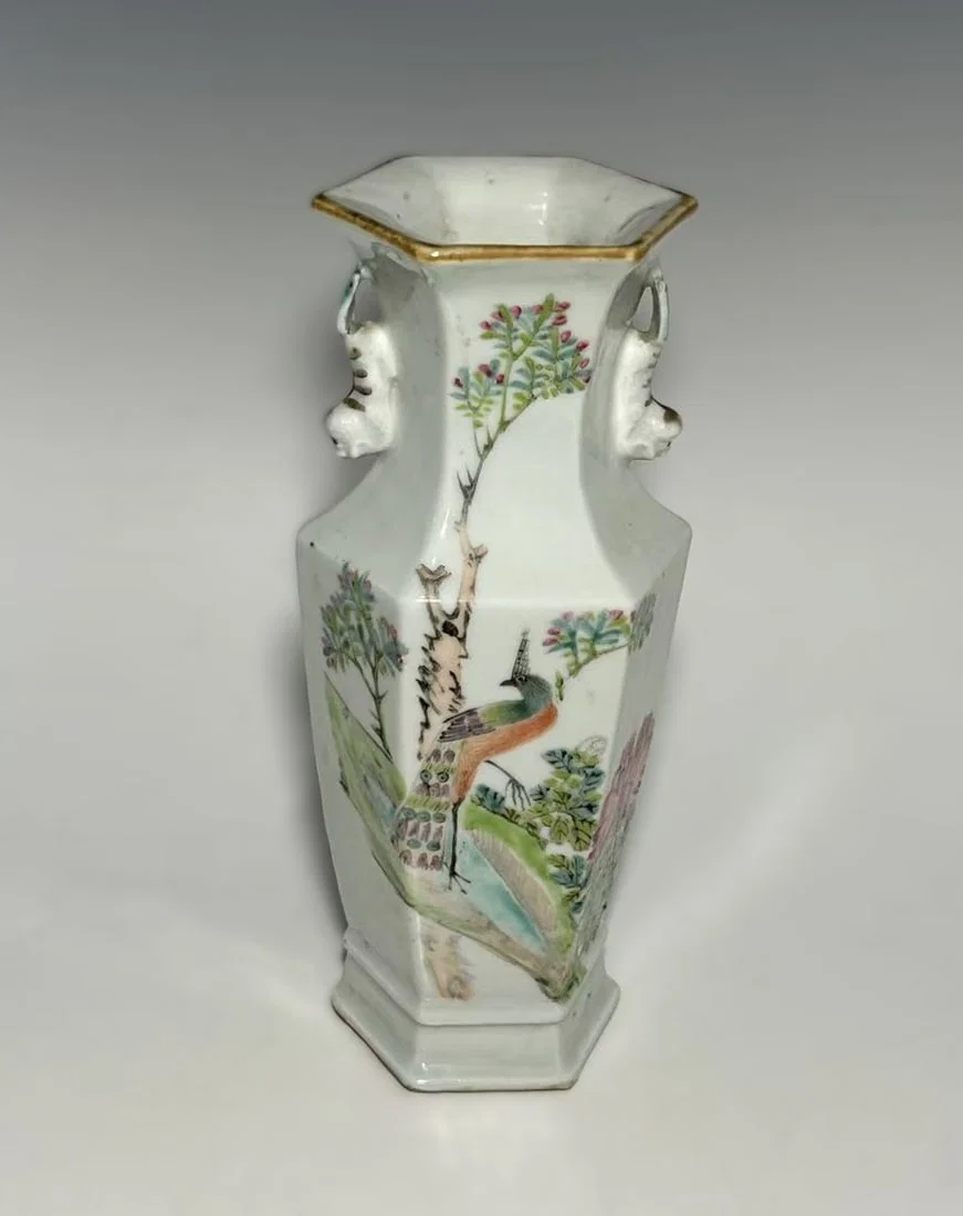 ANTIQUE CHINESE FAMILLE ROSE HEXAGONAL PORCELAIN VASE WITH BEAST-MASK HANDLES