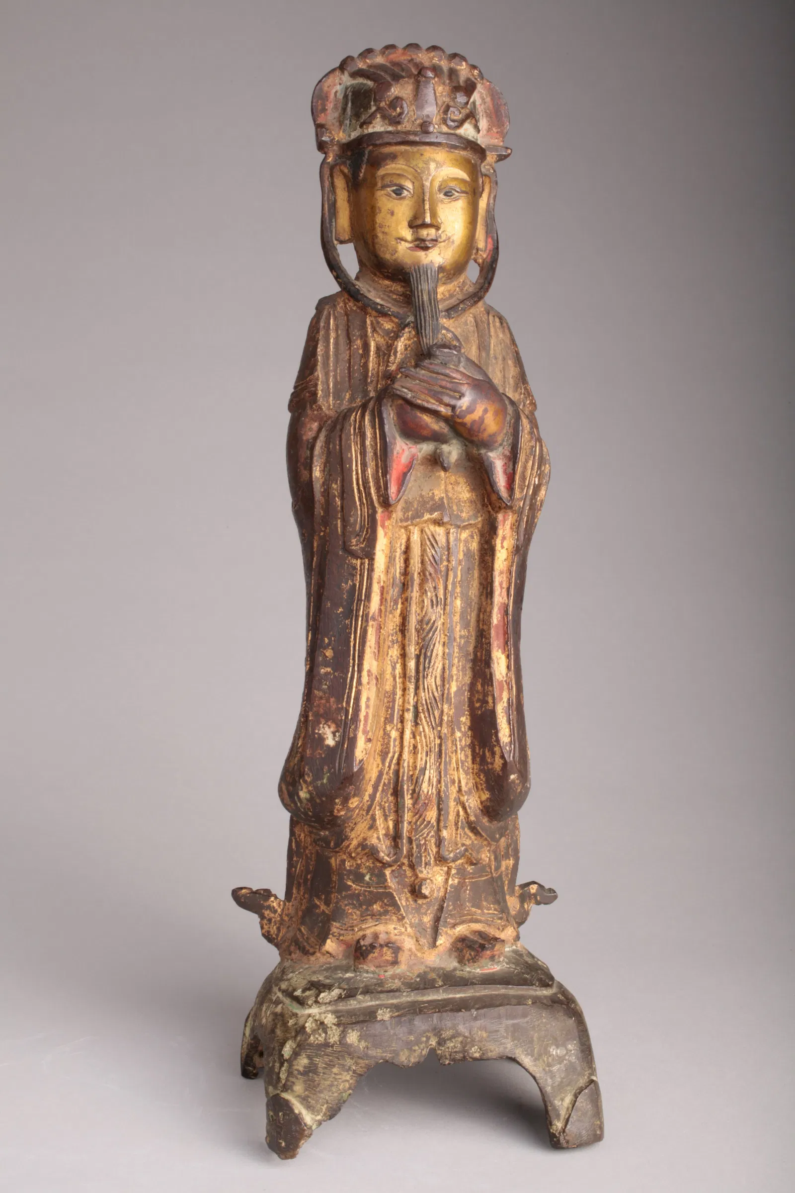 Antique Chinese Gilt and Polychrome Bronze Standing Official Figure, c. Ming Dynasty