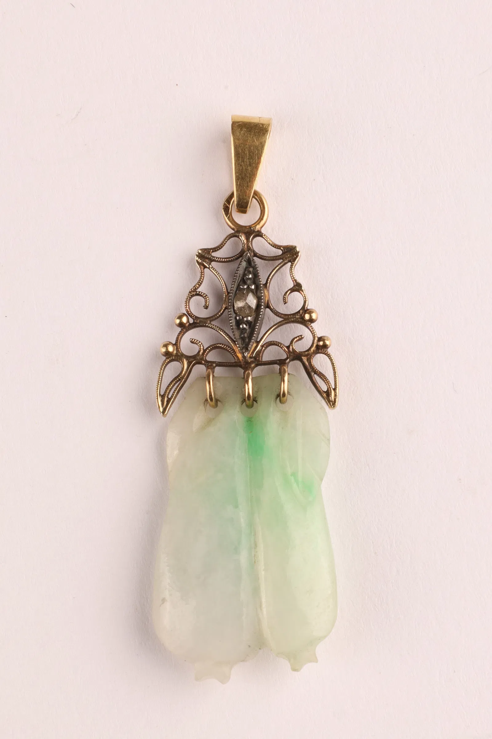 Antique Chinese Gold Filigree Pendant with Carved Jade and Diamond