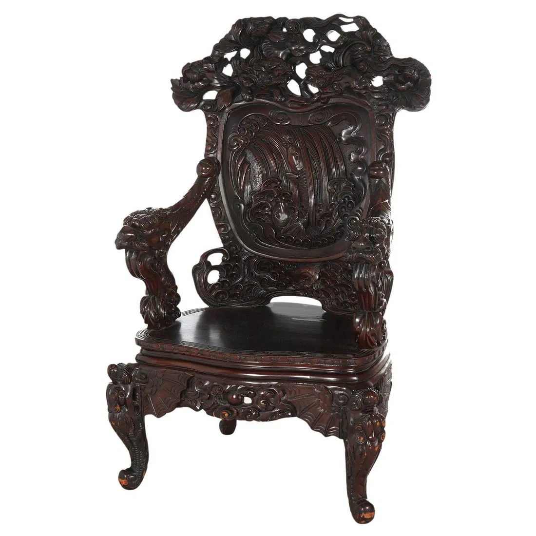 Antique Chinese Rosewood Throne Chair with Dragon Carvings 1920