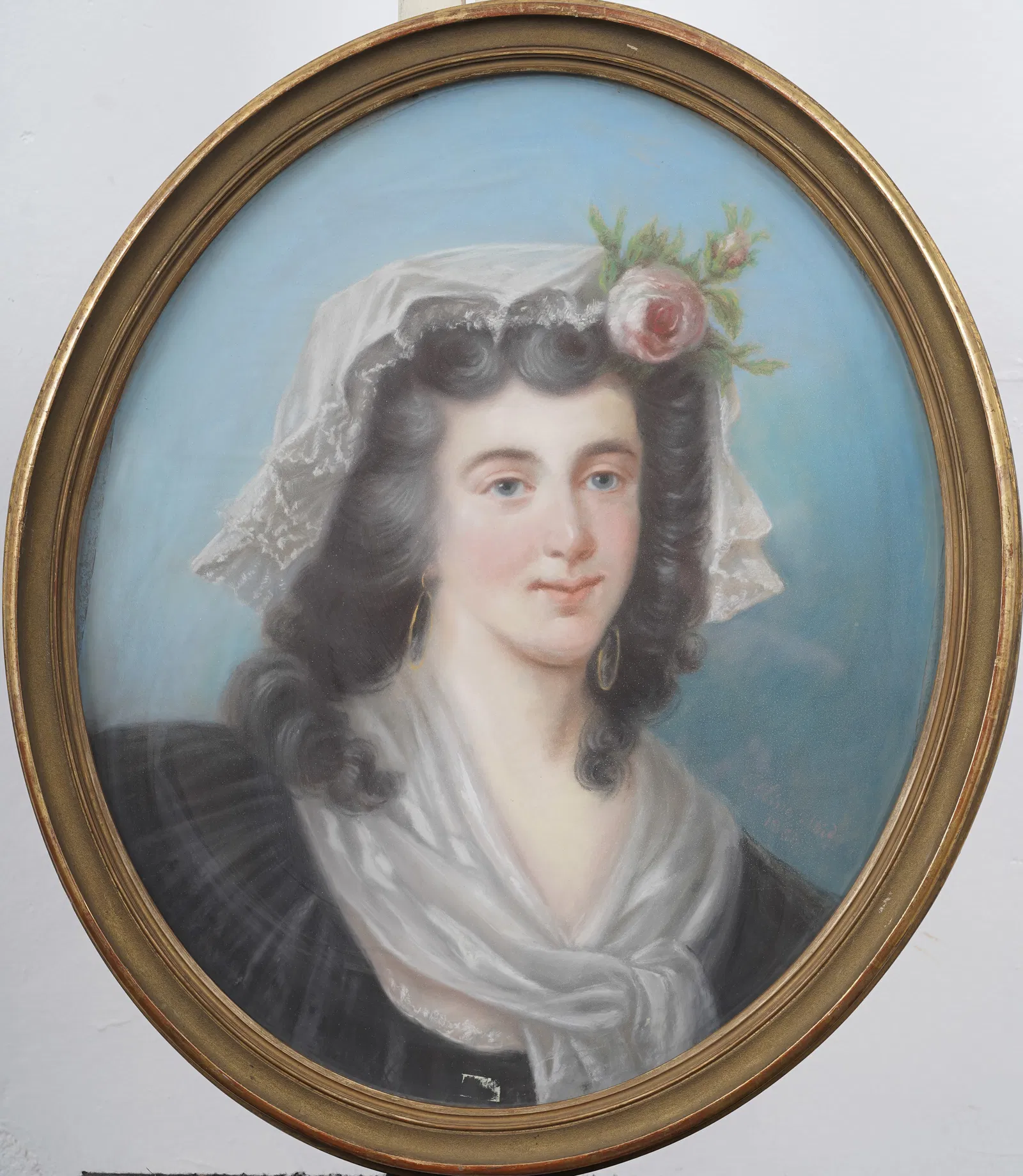 Antique Continental School Portrait of a Lady in Bonnet with Rose Original Pastel Painting