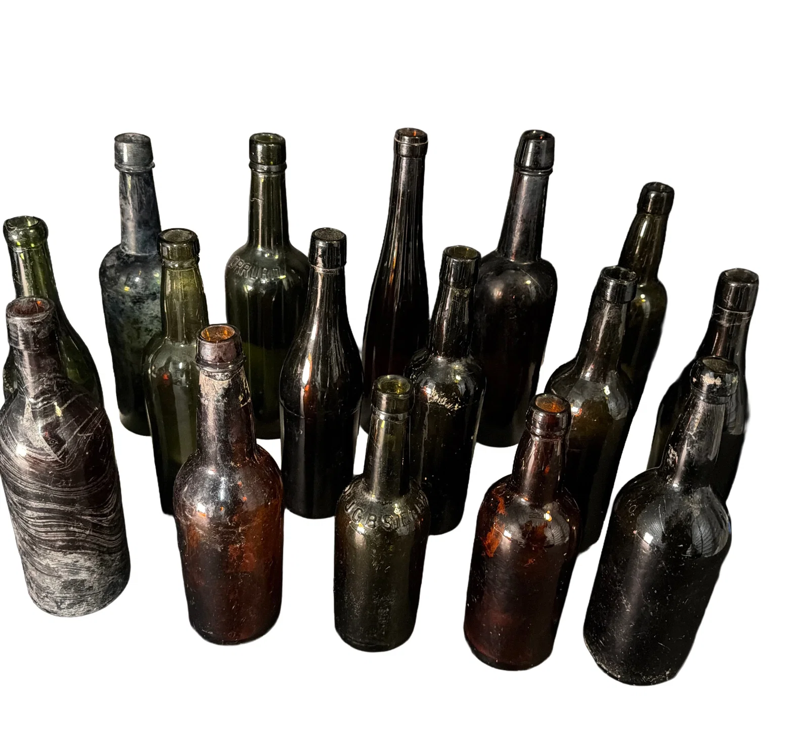 Antique Dark Olive & Amber Utility Bottle Lot (16) 8–11" – Early Wine / Ale / Utility Glass