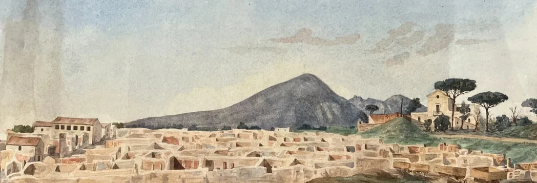 Antique Drawing Landscape, Volcano, Italy, Vesuv Alessandro LA VOLPE (1820-1887)