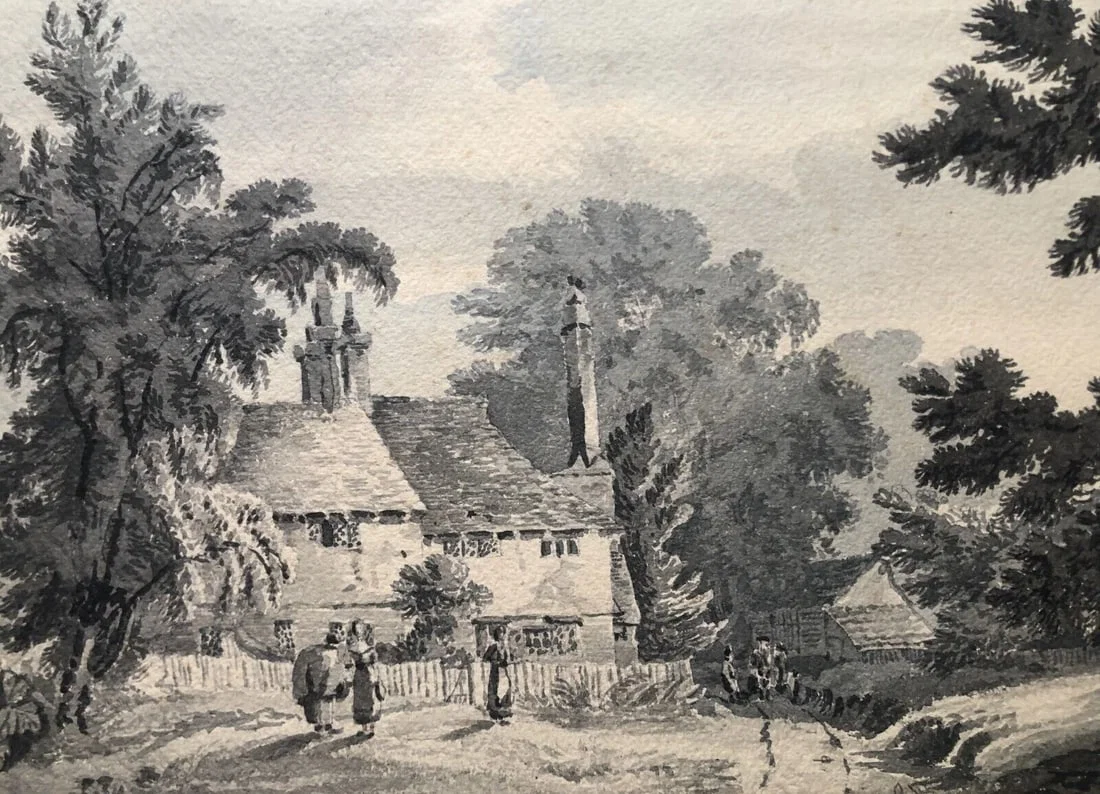 Antique Drawing Original Landscape, Trees, House, People, Forest 19th century