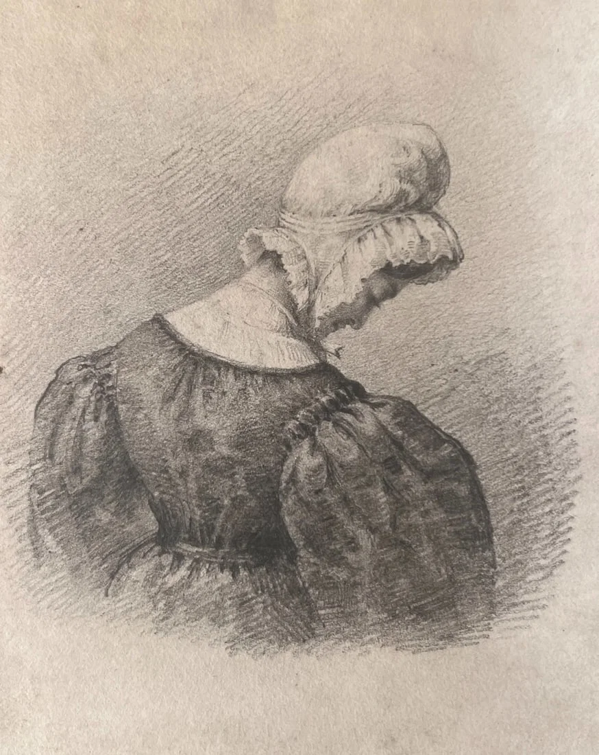 Antique Drawing Original Woman, Portrait, Hat 19th century