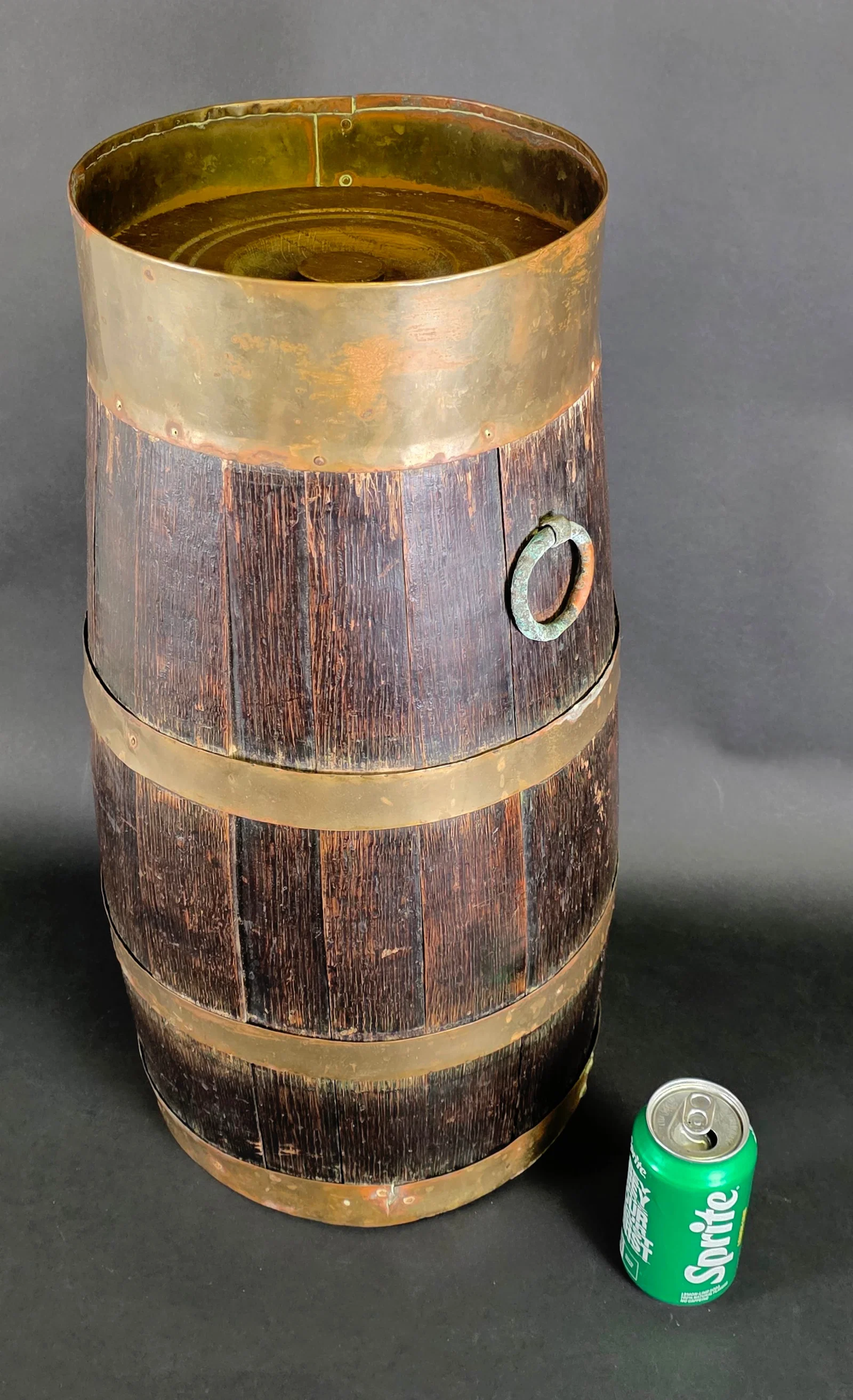 Antique English Oak Brass Bound Barrel Keg Peat Bucket, 19th Century