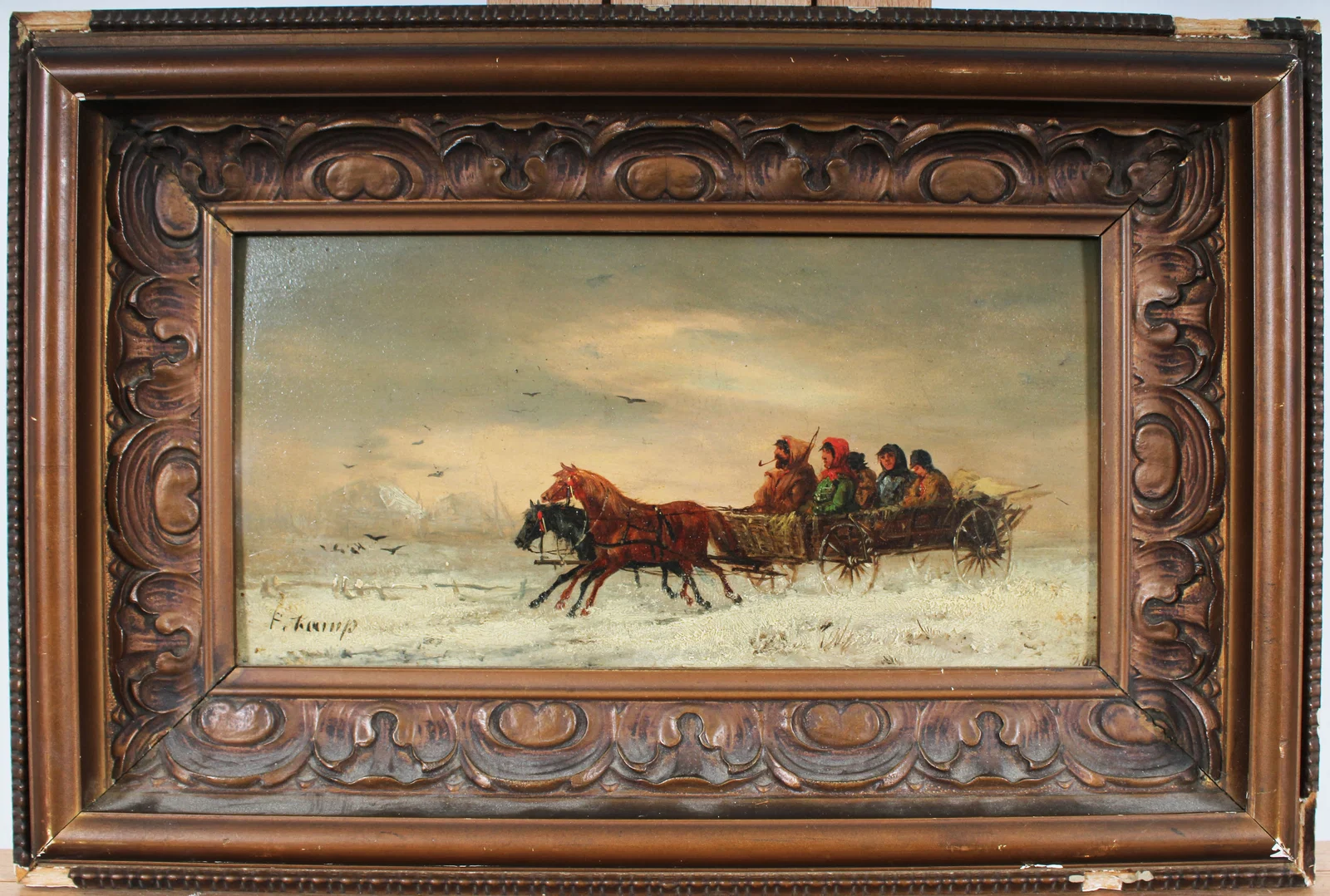 Antique European Impressionist Horse Cart Framed Signed Landscape Oil Painting