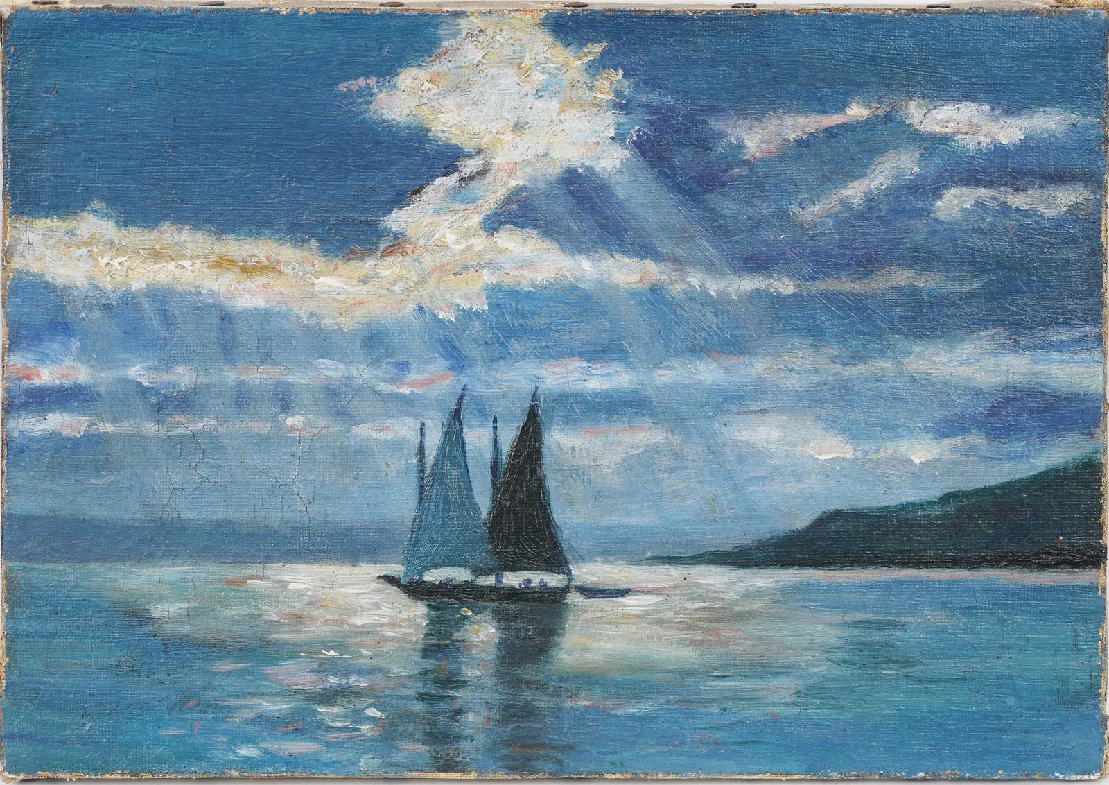 Antique European Impressionist Sailboats Luminous Seascape Signed 1919 Original Oil Painting