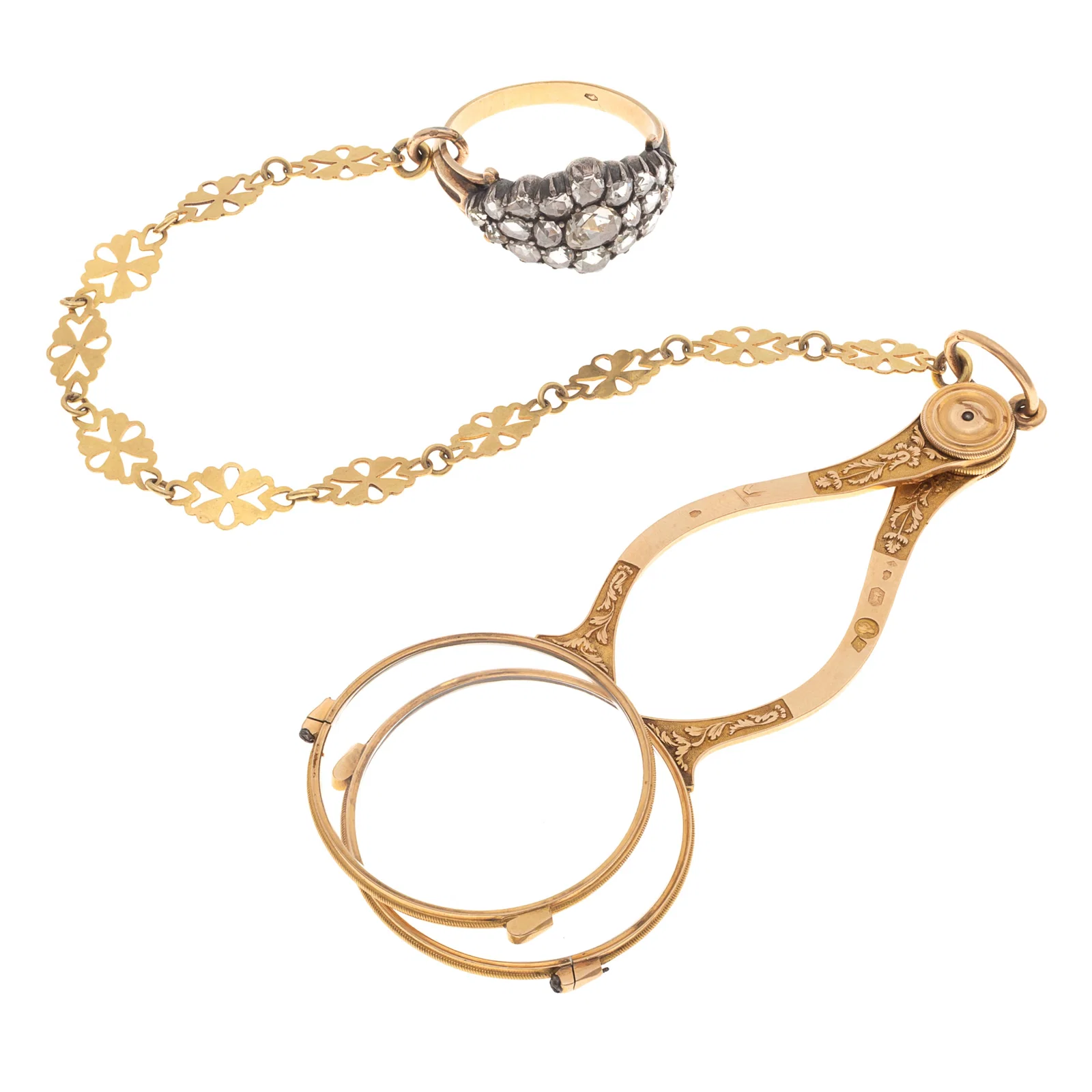 Antique French 18k Lorgnette with Diamond, 14k, Silver Ring