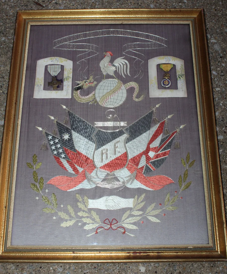 Antique French Navy Solder's Commemorative Silk with 2 Medals. 1932-1935 in China.