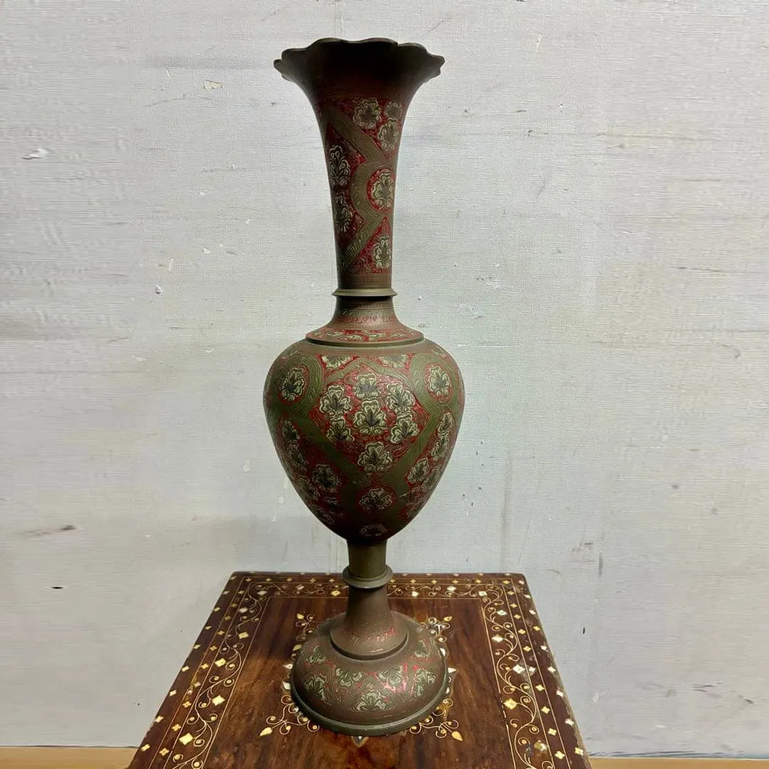 Antique Indian Brass Vase – Etched & Enamel Decorated