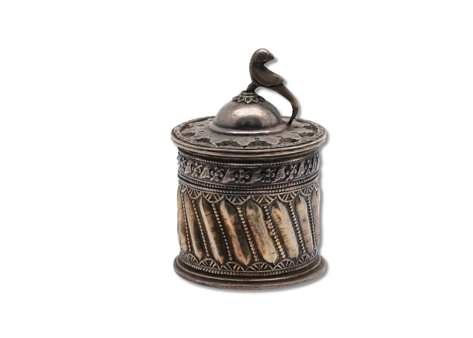 Antique Indian Cutch Silver Cylindrical Tea Caddy with Bird Finial
