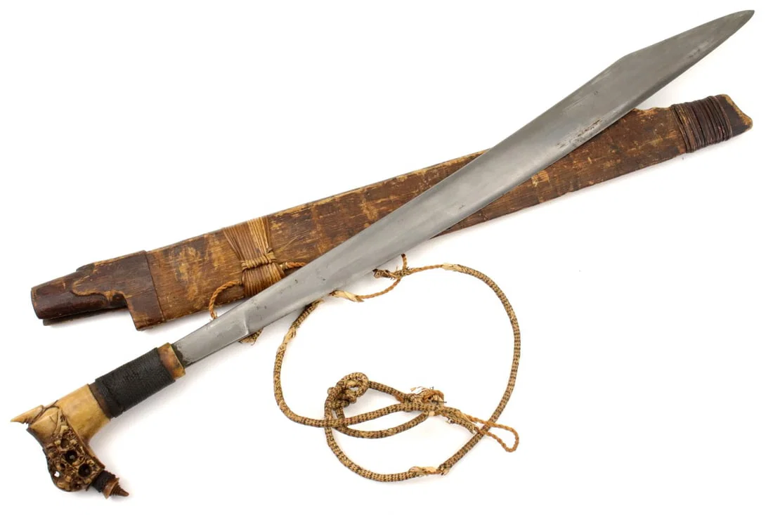 Antique Indonesian Tribal MANDAU Sword ~ Used by Borneo DAYAK Tribe Headhunters ~ Fine Carved Bone