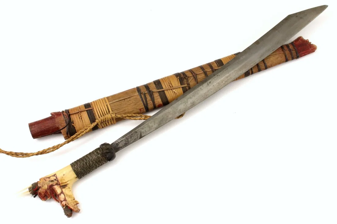 Antique Indonesian Tribal MANDAU Sword ~ Used by Borneo DAYAK Tribe Headhunters ~ Carved Bone Grip.
