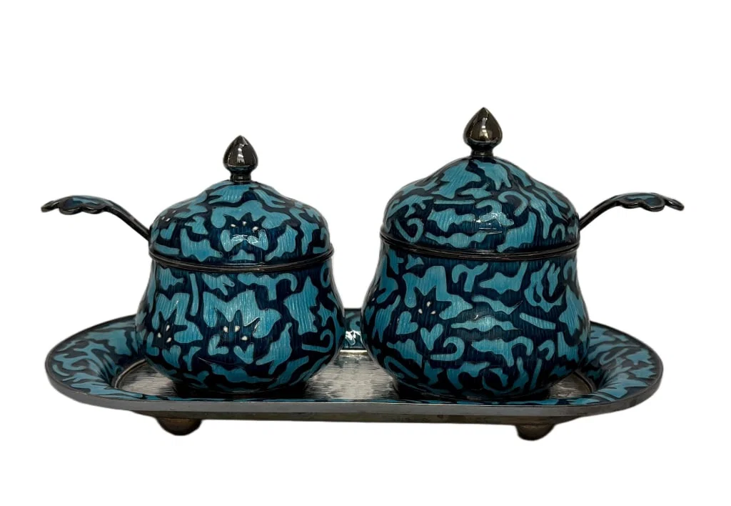 Antique Korean Silver & Guilloche Enamel Tea Set