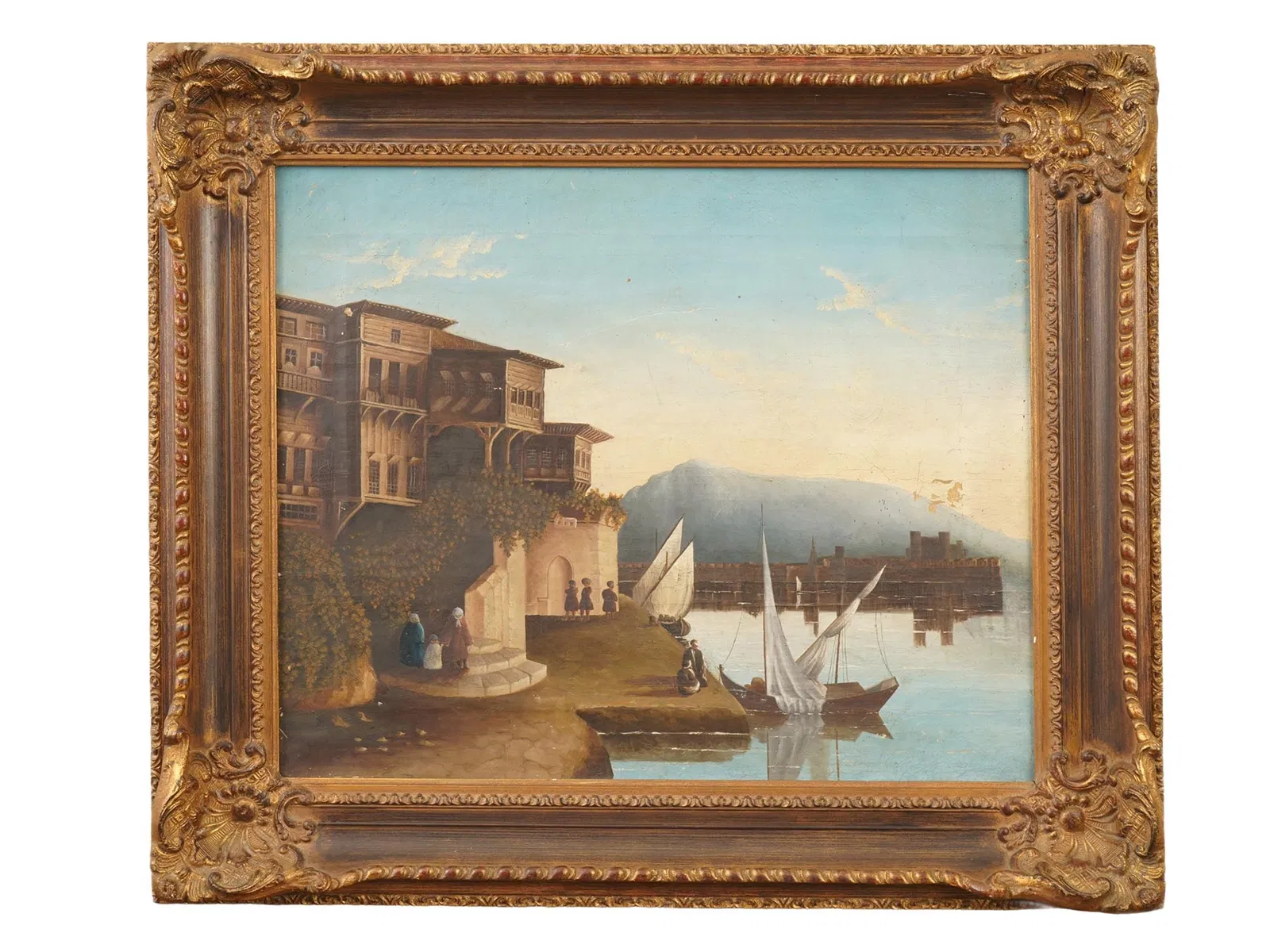 ANTIQUE LANDSCAPE PAINTING BOSPHORUS HOUSES BY WATER