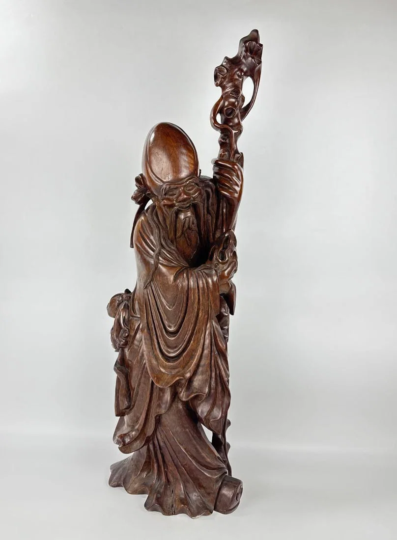 ANTIQUE LARGE CHINESE CARVED ROOTWOOD FIGURE OF SHOU LAO IN STYLE OF SHEN SHAO'AN