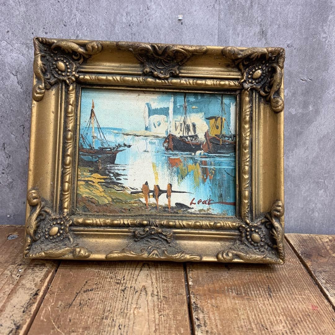 Antique Miniature Oil Painting of a Harbor Scene, Framed