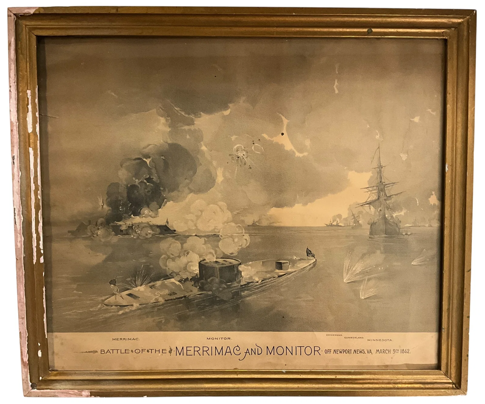Antique Monochrome Lithograph "Battle of the Merrimac and Monitor"