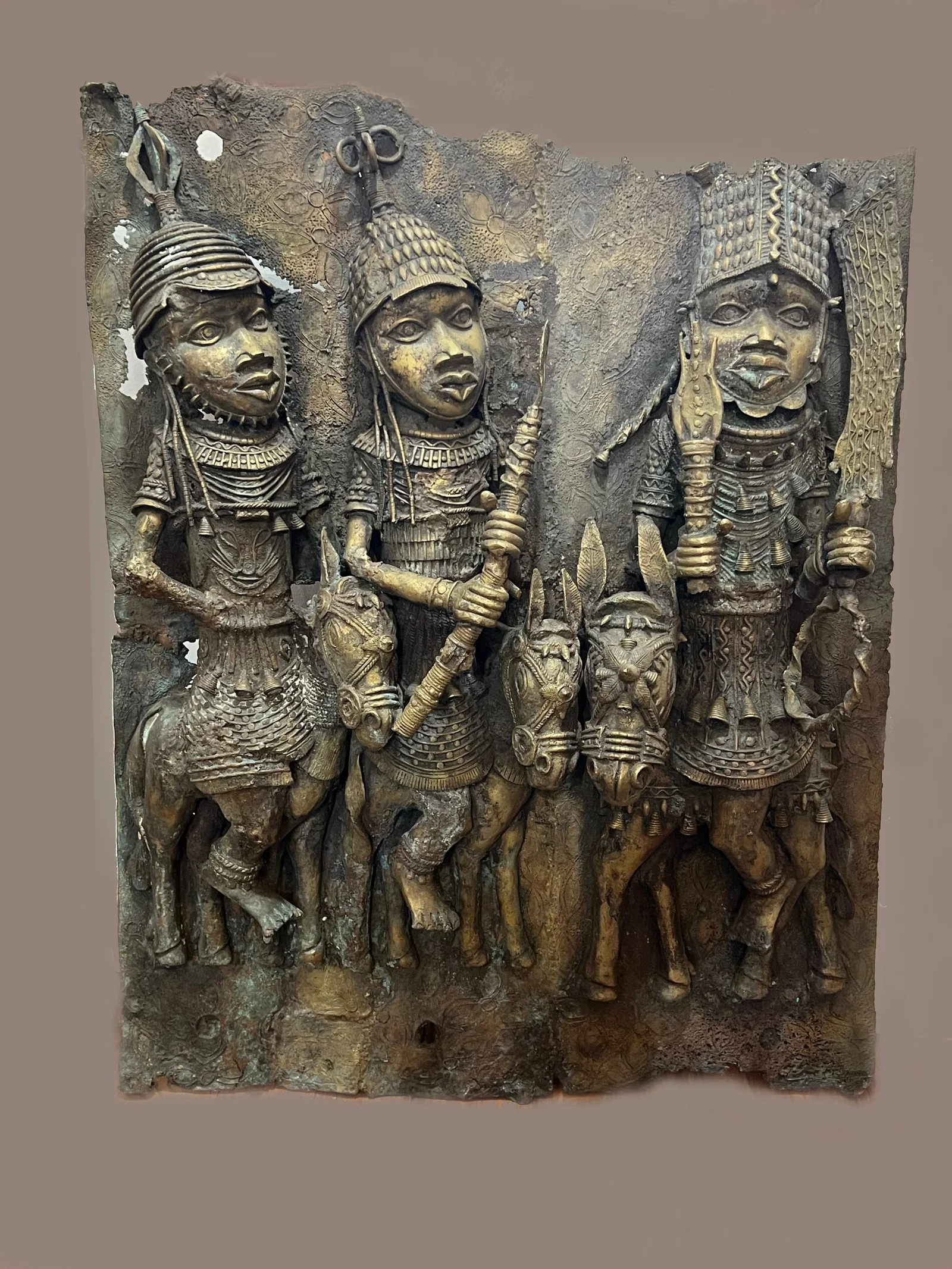 Antique Monumental Benin Bronze Relief Plaque | Royal Oba and Warriors on Horseback | 40" x 30"