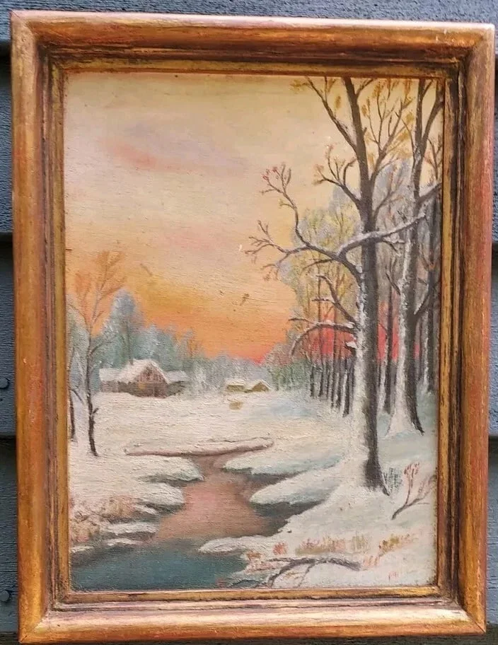 Antique Oil painting New England Winter Scene