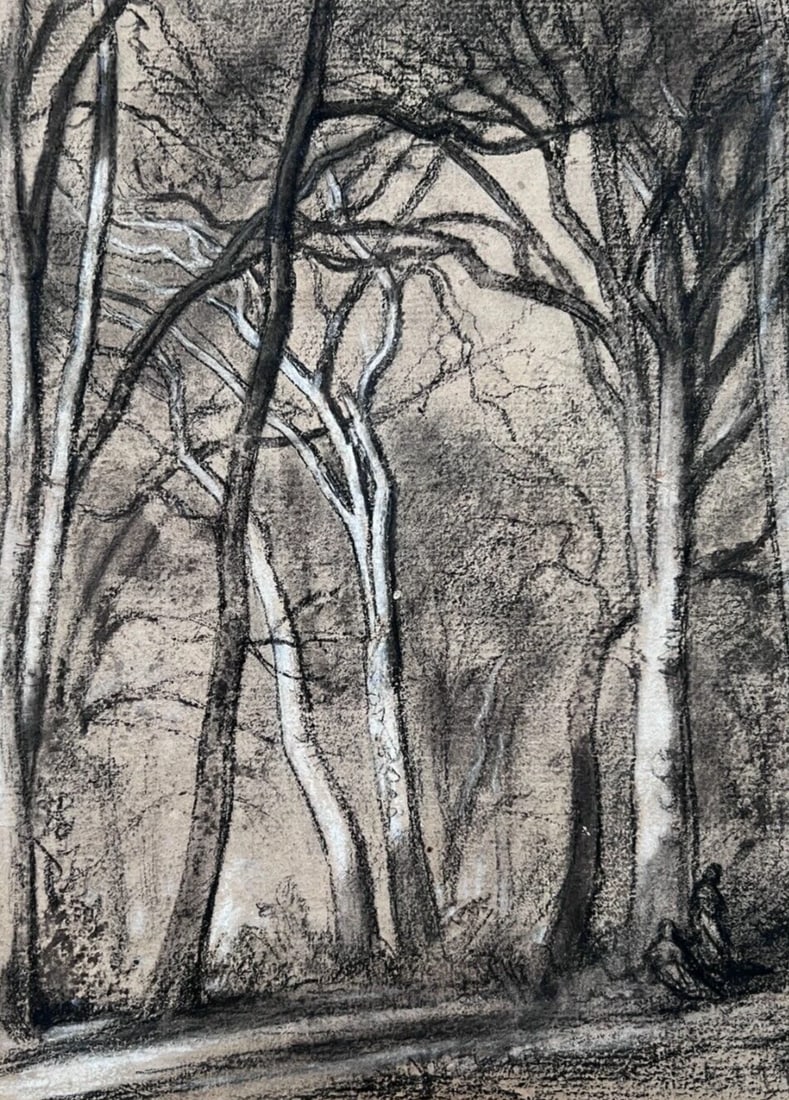 Antique Original Drawing Original Forest, Trees, Landscape