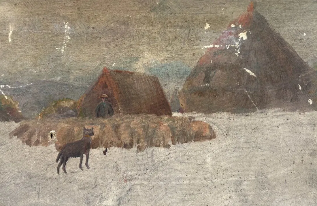 Antique Original Painting Landscape Winter Dog, Sheeps