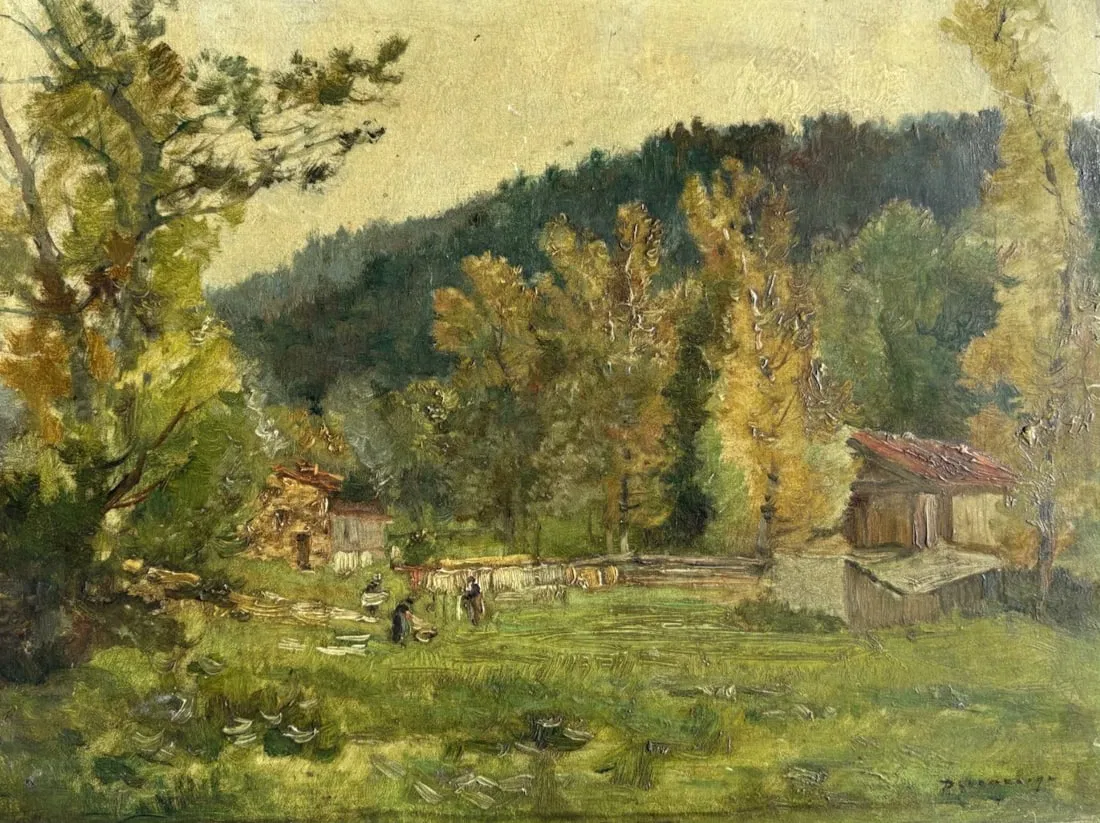 Antique Original Painting Signed Landscape, Trees, Forest, House, Nature