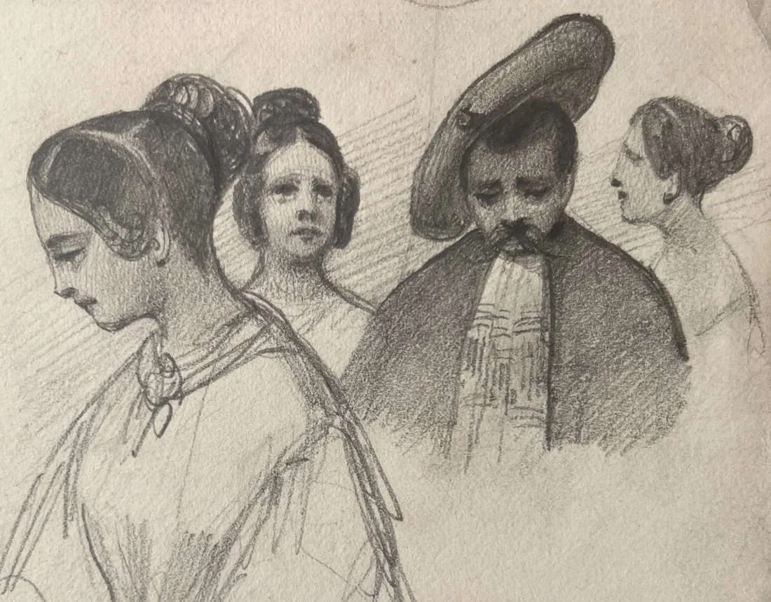 Antique original Women and Men Portraits 19th century Drawing