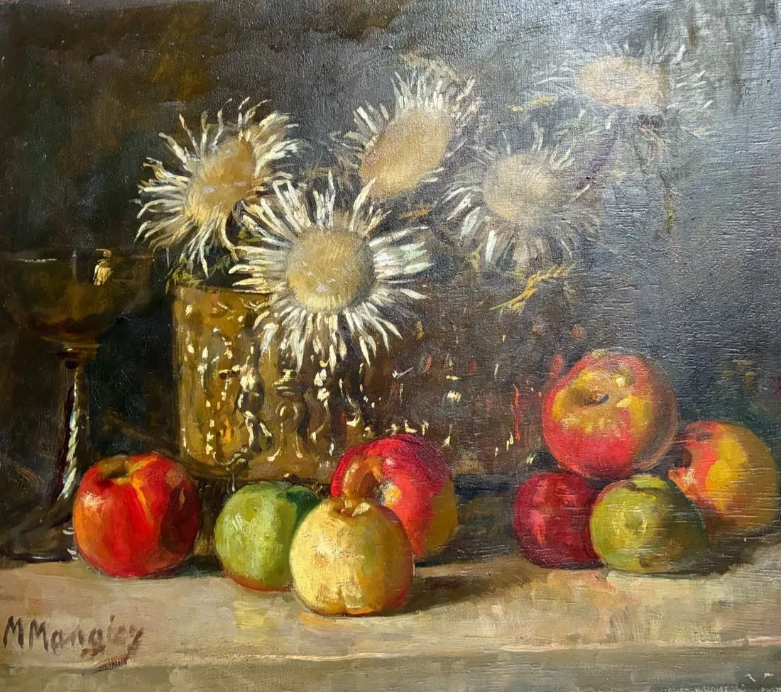Antique Painting Original Flowers, Apples, Still Life signed Marius MANGIER